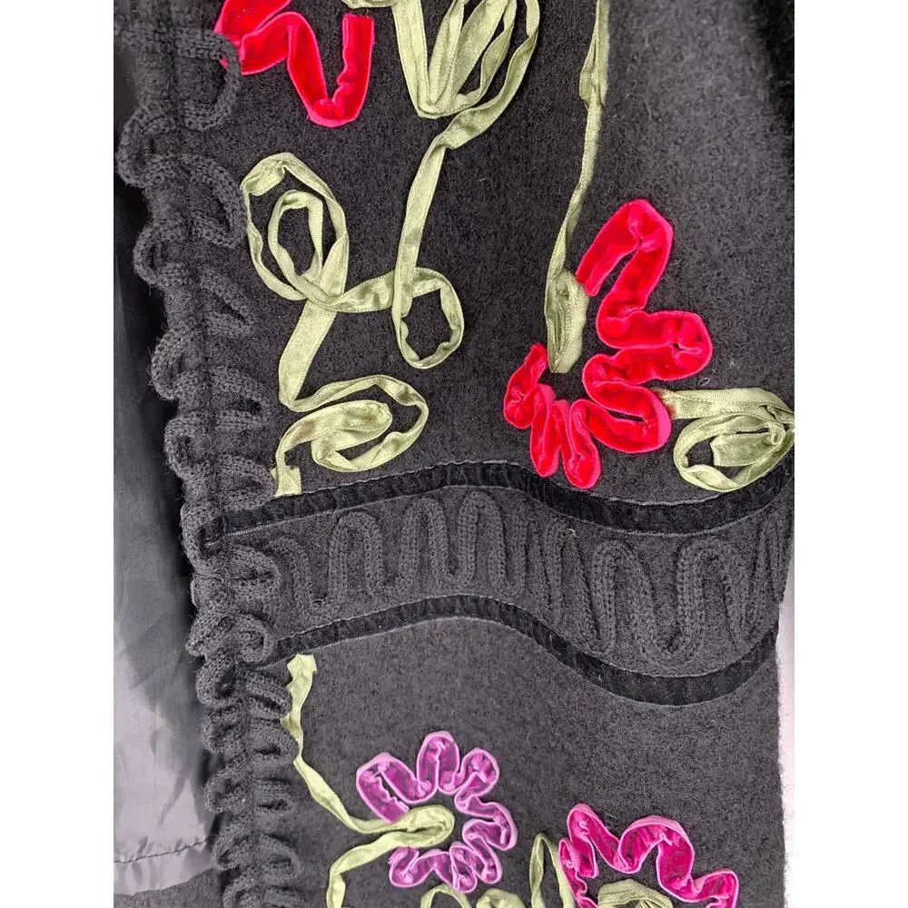 Carson Vintage Wool Floral Ribbon Open Cardigan Sweater Womens Medium Black Red